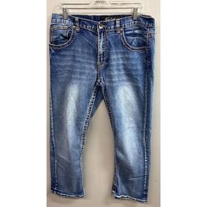 True Luck Tapered Leg Jeans Mens 34x30 Blue Whiskered Denim Stretch Medium Wash